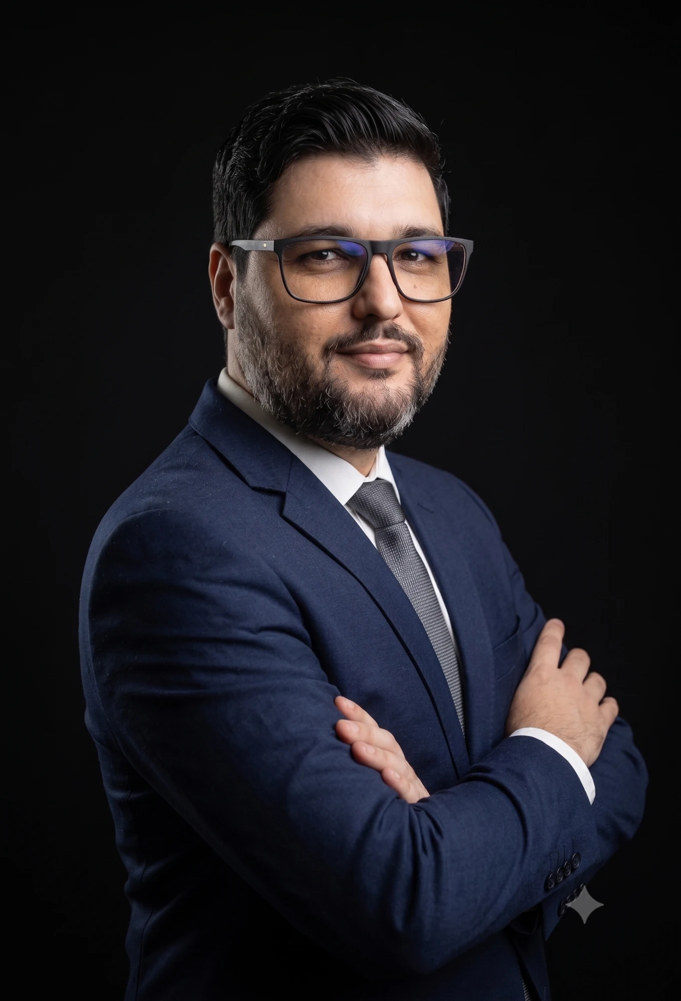 Markus Salomão, de terno azul-marinho e braços cruzados